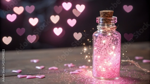 A magical love potion bottle glowing with pink sparkles and surrounded by floating hearts. photo