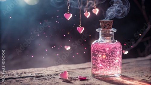 A magical love potion bottle glowing with pink sparkles and surrounded by floating hearts. photo