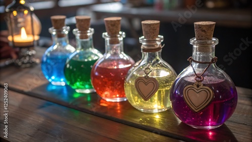 A magical love potion bottle glowing with pink sparkles and surrounded by floating hearts. photo