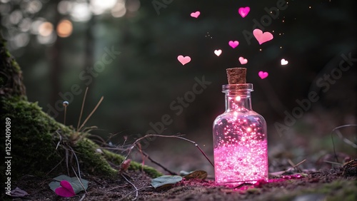 A magical love potion bottle glowing with pink sparkles and surrounded by floating hearts. photo