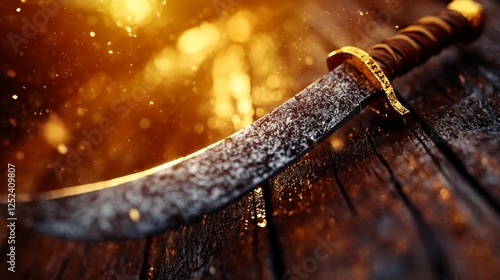 Antique Sword with Sparkling Dust and Shimmering Light Effects on Wood. Generative AI photo