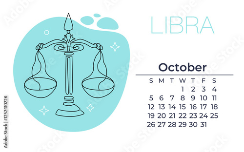 Libra zodiac symbol with hand drawn line art, luxury, esoteric with October calendar. Suitable for paranormal practitioners, tarot readers and astrologers.