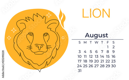 minimalist lion’s head, zodiac symbol hand drawn line art, with august calendar for astrologers resources, poster.
