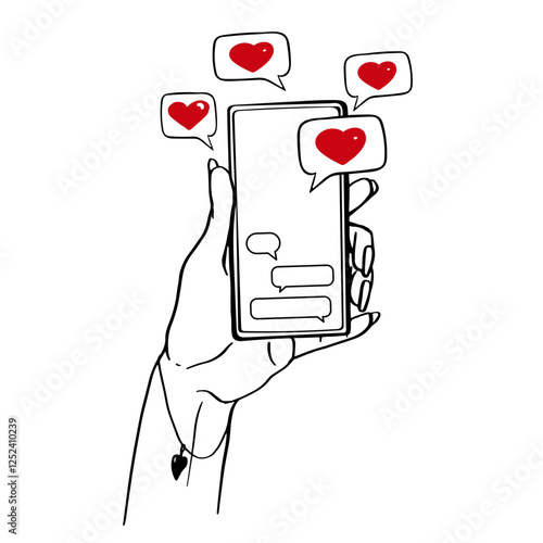 Love relationships through apps, online dating. Hand holding smartphone with messages, emoji. Concept of social networks, virtual relationships.