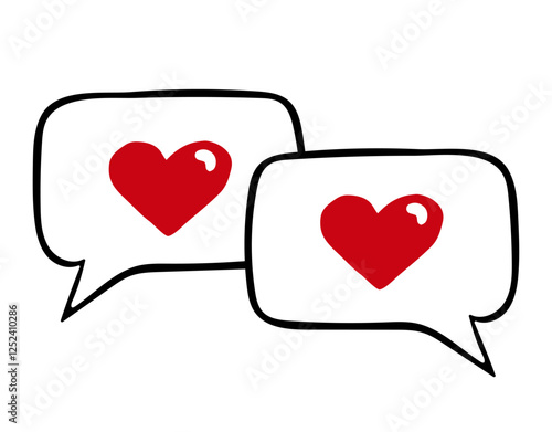 Two speech bubbles with heart emoji sign. Minimalistic doodle illustration concept for digital love, connection, or online communication