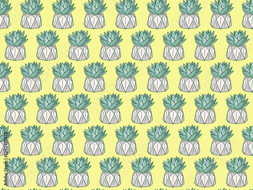 seamless pattern showcasing geometric planters filled with green succulents on a vibrant yellow background. Ideal for wallpapers, stationery, fabric, and digital prints