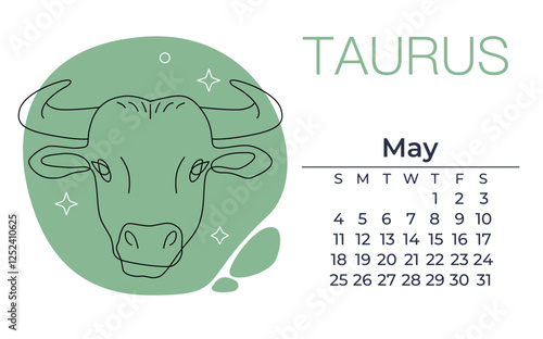 Taurus zodiac sign, minimalist line illustration of a cow's head, may calendar, for poster, card, astrology designs