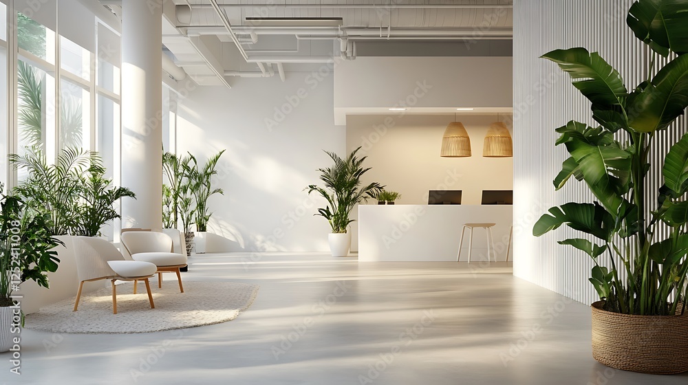 Sunlit minimalist lobby with plants, seating, and reception desk. Sunlit minimalist lobby with plants, seating, and reception desk.