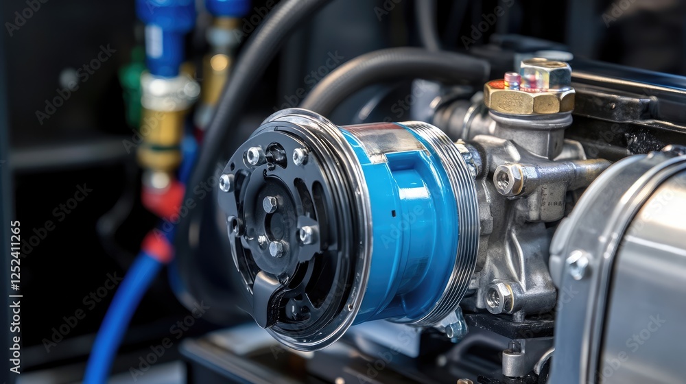Obraz premium AC compressor with refrigerant pipe installation, ready for pressure testing