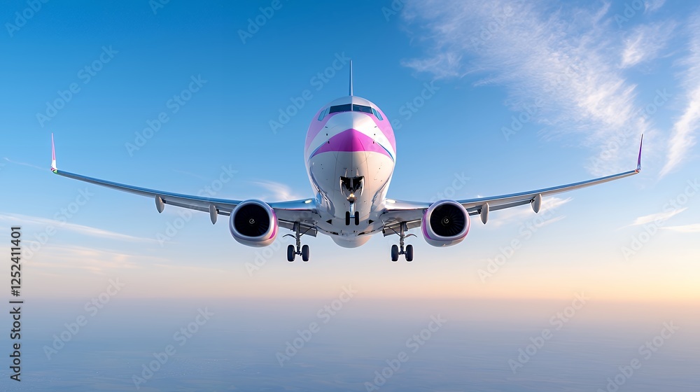 Naklejka premium Airplane landing, sunset sky, clouds, travel
