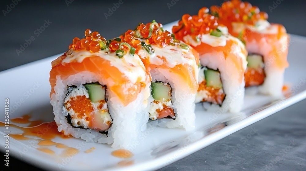 Salmon sushi rolls, restaurant, delicious meal, close-up Salmon sushi rolls, restaurant, delicious meal, close-up
