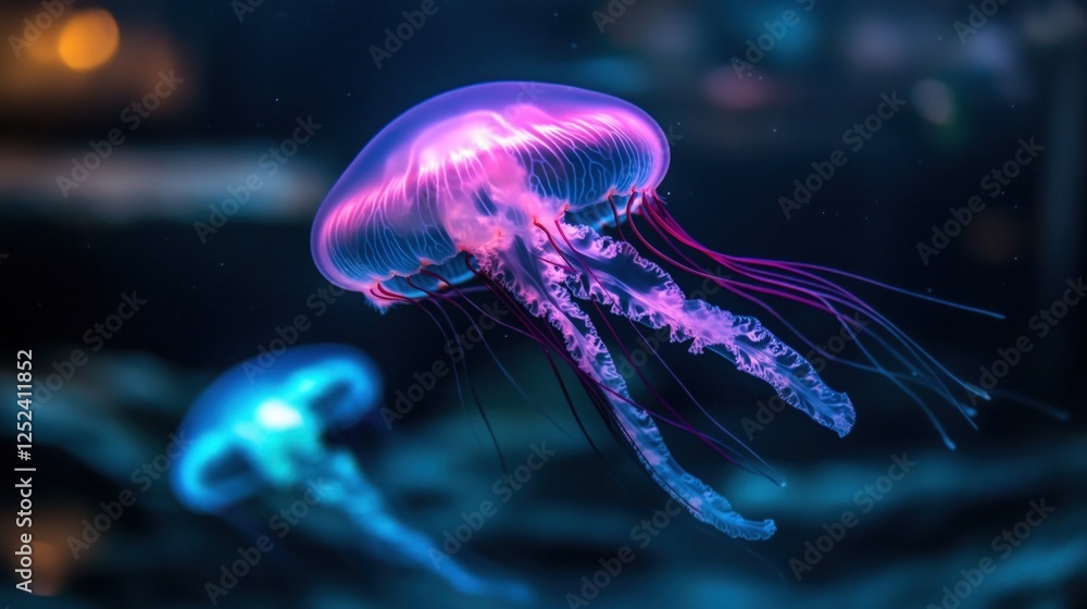 Obraz premium Glowing jellyfish aquarium, underwater scene, blurred background, marine life