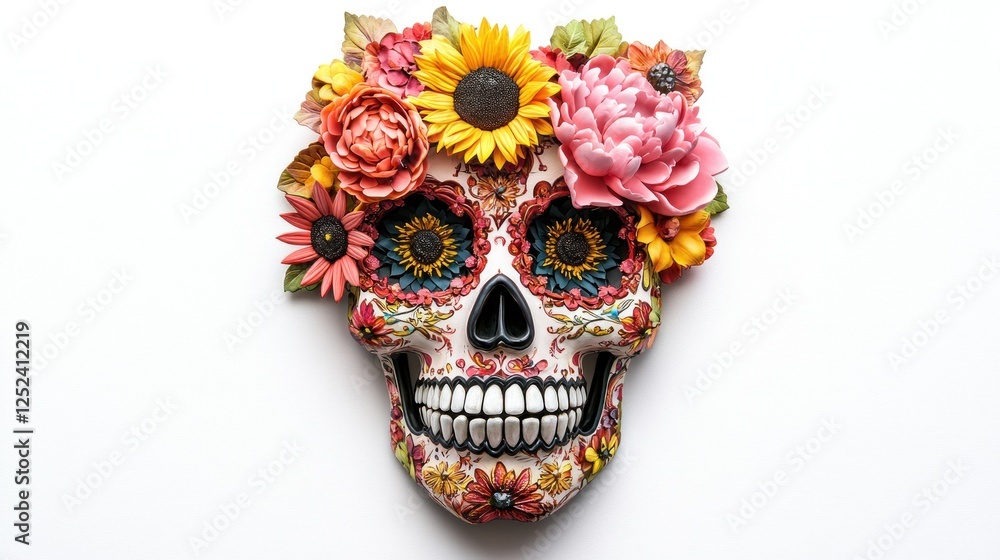 Decorated skull with flowers, Day of the Dead, white background, holiday art Decorated skull with flowers, Day of the Dead, white background, holiday art