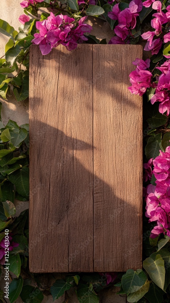 Fototapeta premium Wooden board framed by bougainvillea, sunlight, mockup