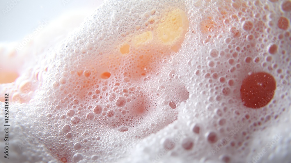 Fototapeta premium Pink and white soap foam with bubbles captured in a macro close-up under bright light for hygiene and skincare concepts.