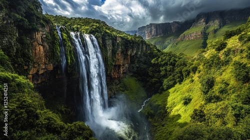 Waterfall cascading down lush green cliffs, dramatic sky, travel poster