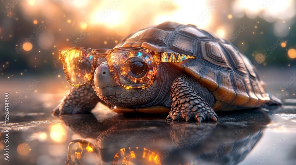 Turtle wearing stylish glasses under warm sunlight with a bokeh effect isolated on a white background. Generative AI Turtle wearing stylish glasses under warm sunlight with a bokeh effect isolated on a white background. Generative AI