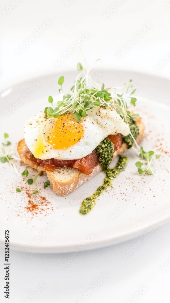 Delicious soft-boiled egg on toast with pesto and microgreens for brunch Delicious soft-boiled egg on toast with pesto and microgreens for brunch