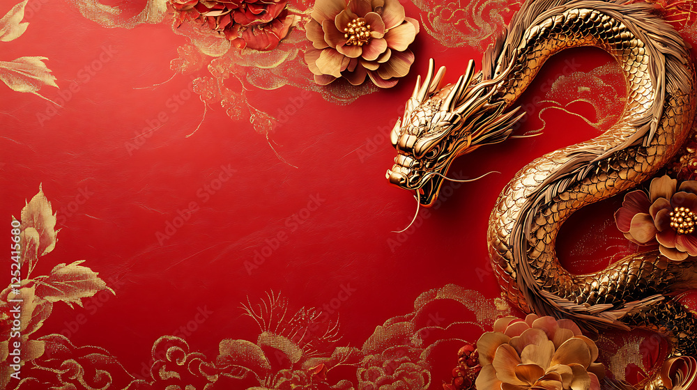 Golden Dragon and Red Floral Festive Design Golden Dragon and Red Floral Festive Design