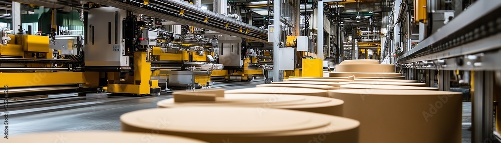 Modern factory production line with yellow equipment and round containers. Modern factory production line with yellow equipment and round containers.