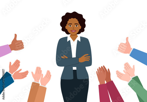 Happy and proud businesswoman with many hands clapping and thumbs up hands around her. Business compliment concept.