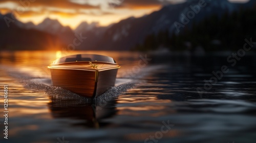 Luxury wooden speedboat sunset lake mountains travel photo