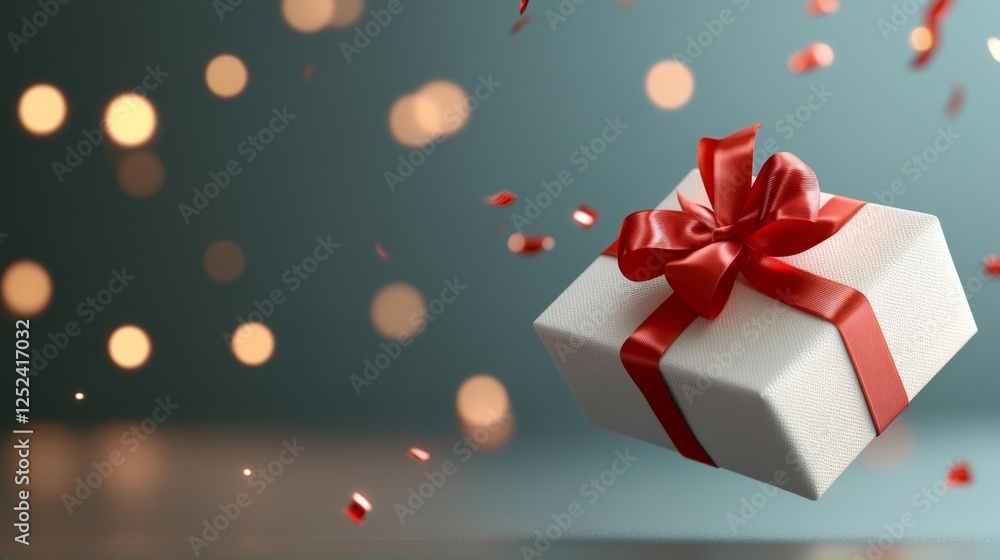 Beautifully Wrapped Gift with Red Ribbon and Confetti in the Air. Generative AI Beautifully Wrapped Gift with Red Ribbon and Confetti in the Air. Generative AI