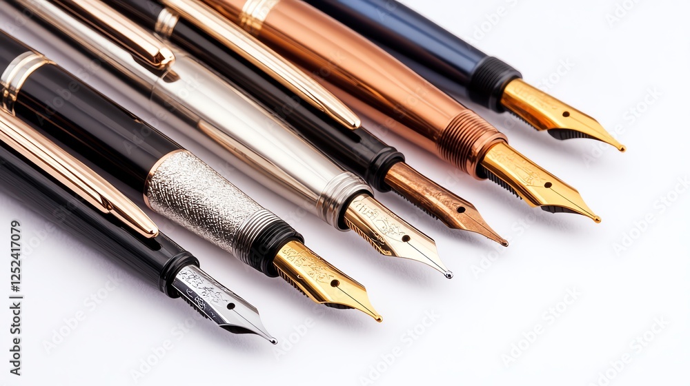 Collection of stylish fountain pens on white isolated background Collection of stylish fountain pens on white isolated background