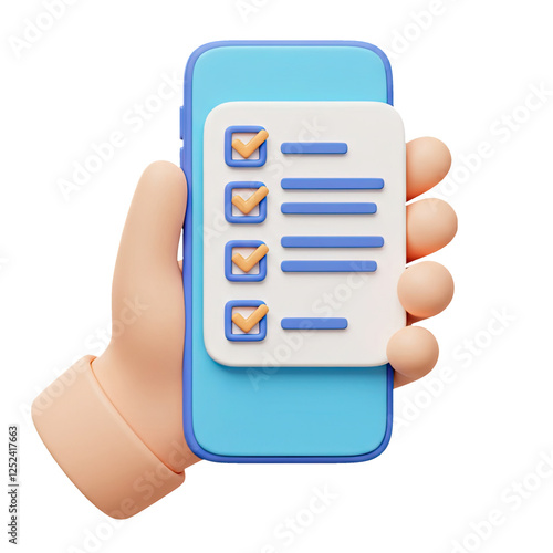 Hand holding smartphone with checklist 3d cartoon style illustration on transparent background.
