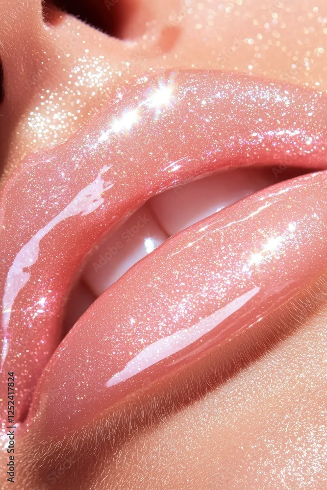Fototapeta premium Glossy pink lips close-up shot, beauty and makeup concept, skin and sparkle effect
