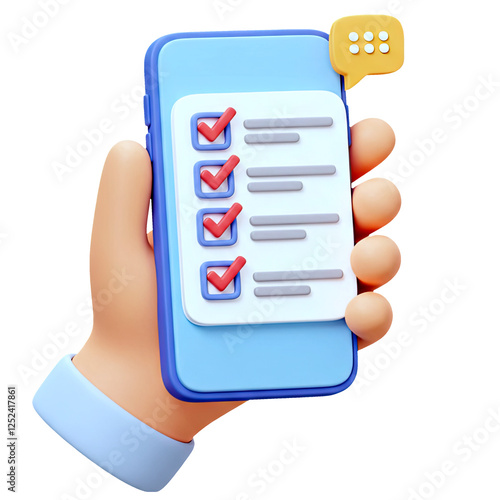 Hand holding smartphone with checklist 3d cartoon style illustration on transparent background.