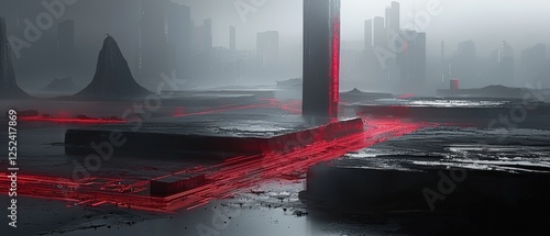 Futuristic High-Tech Circuit Board Landscape with Glowing Red Traces in a Dystopian City Environment