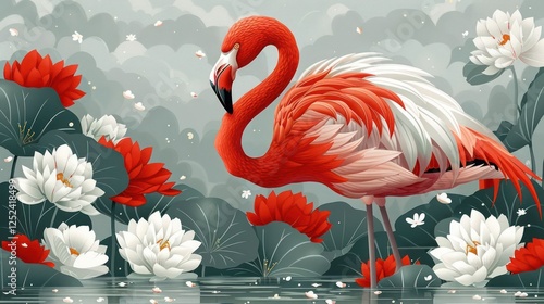 Wallpaper Mural A vibrant illustration of a flamingo among red and white flowers by a serene water body. Torontodigital.ca