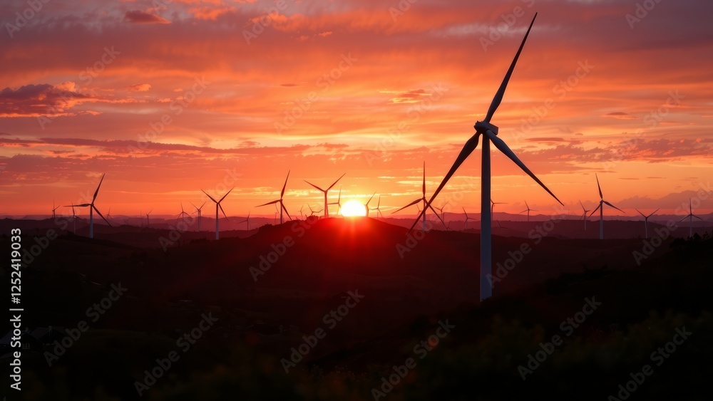 Obraz premium Stunning Sunset Over Wind Turbines in Scenic Landscape