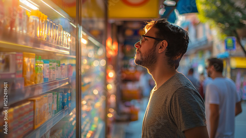 Man examining products in a street-side shop window.