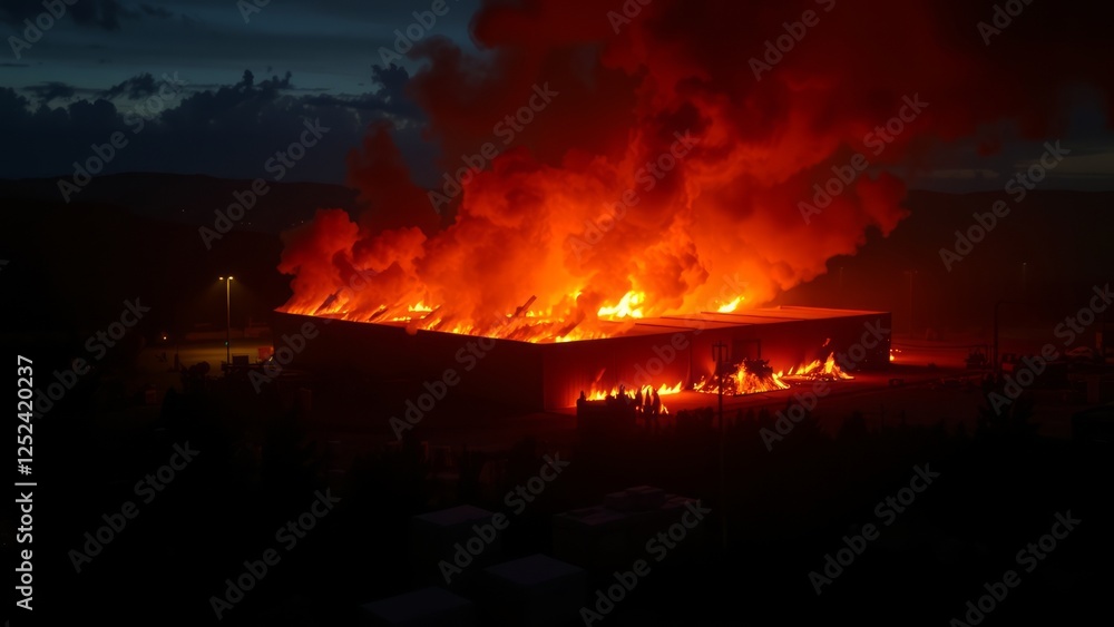 Intense Blaze Engulfs Warehouse at Night with Dark Smoke Clouds Intense Blaze Engulfs Warehouse at Night with Dark Smoke Clouds