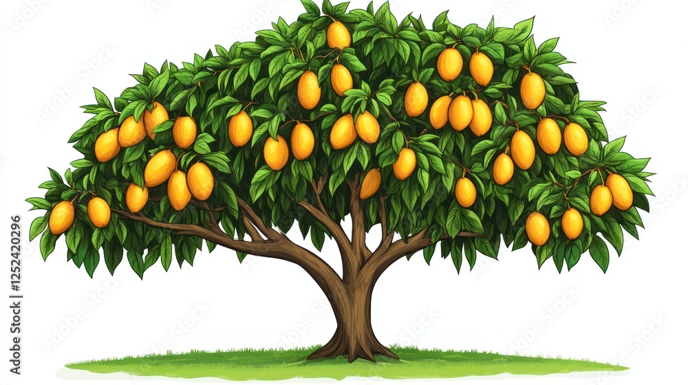 Fototapeta premium Ripe mangoes on tree, orchard background, healthy fruit, food illustration