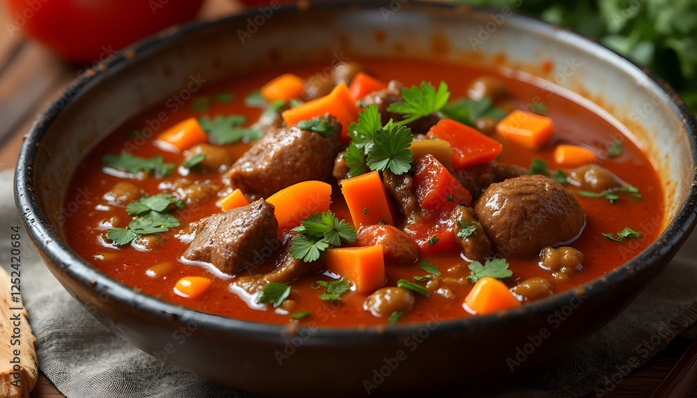 Hearty beef stew with vegetables in a rustic bowl, simple home cooking Hearty beef stew with vegetables in a rustic bowl, simple home cooking