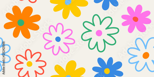 Colorful hand drawn flower seamless pattern with childish style. Fun floral doodle pattern, design for fabric, cover, wrapping, wallpaper.