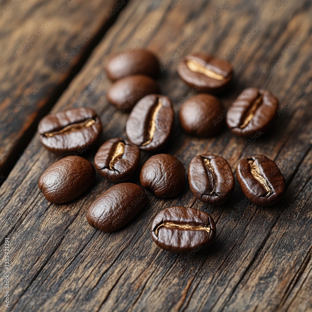 Naklejka premium Fresh coffee beans on rustic wooden surface.