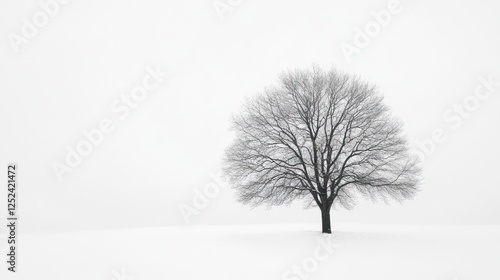 Lone tree in snowy field, winter fog; serene landscape for calm, nature themes photo