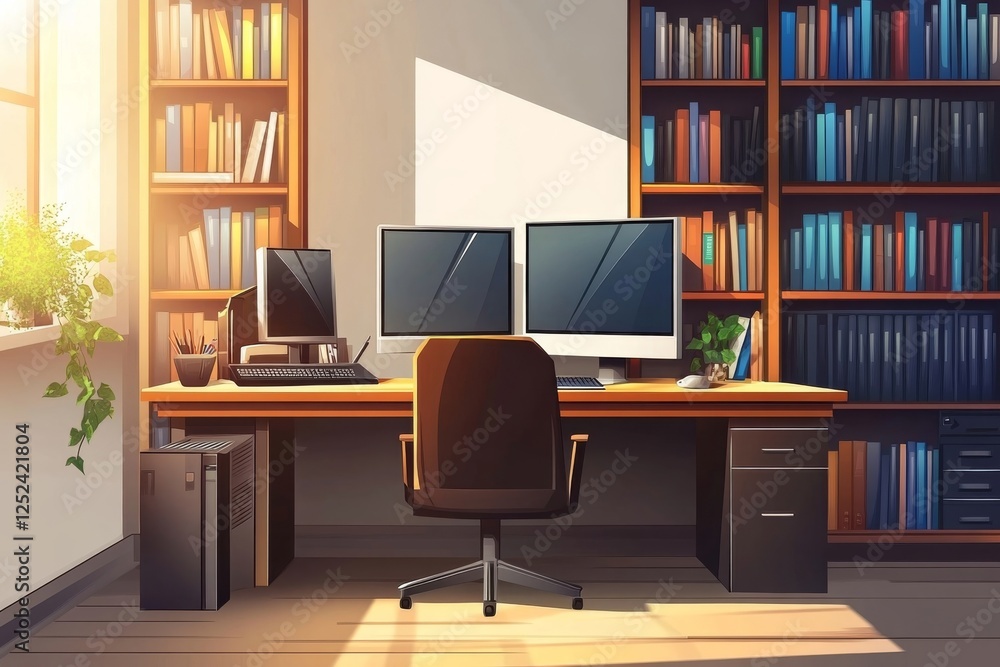 Sunlit Home Office with Bookshelves and Dual Monitors Sunlit Home Office with Bookshelves and Dual Monitors