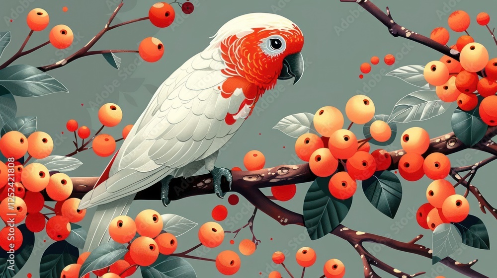 Fototapeta premium A colorful parrot perched on a branch with vibrant orange berries and green leaves.