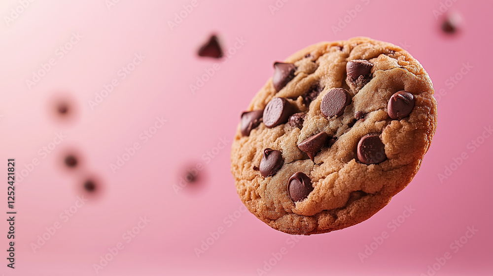 chocolate chip cookie floating in air against pink background, surrounded by smaller chocolate chips, creates whimsical and delightful scene chocolate chip cookie floating in air against pink background, surrounded by smaller chocolate chips, creates whimsical and delightful scene