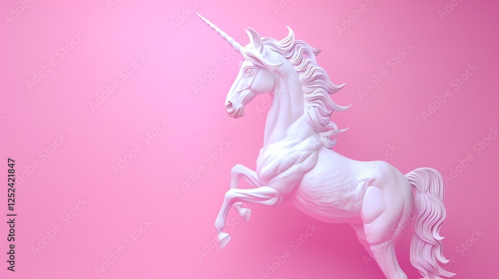 Fototapeta premium A white unicorn with a pink mane and tail stands on a pink background.