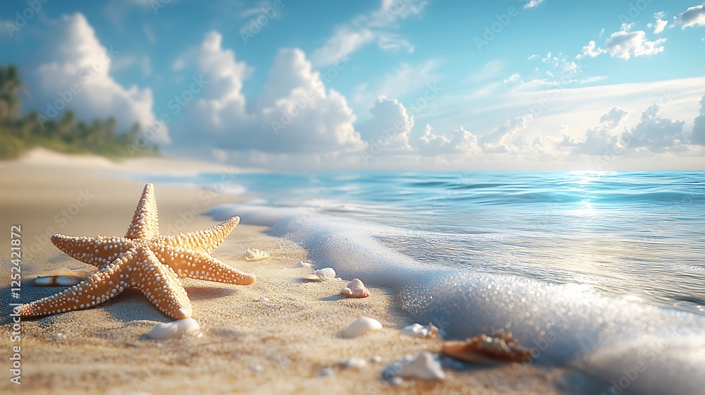 Relaxing coastal scenery with scattered marine life across sunlit sand and soft ocean ripples in view Relaxing coastal scenery with scattered marine life across sunlit sand and soft ocean ripples in view