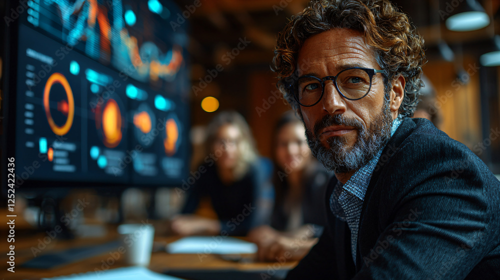 Obraz premium Tech-Driven business portrait. IT tech with interactive data visualizations