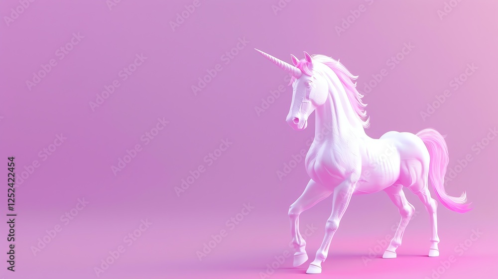 Fototapeta premium A white unicorn with a pink mane and tail stands against a pink background.