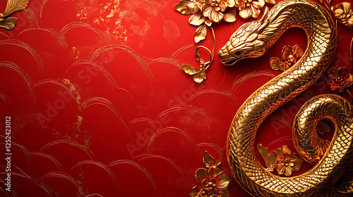 Wallpaper Mural Golden Dragon with Flowers on Red Background Torontodigital.ca