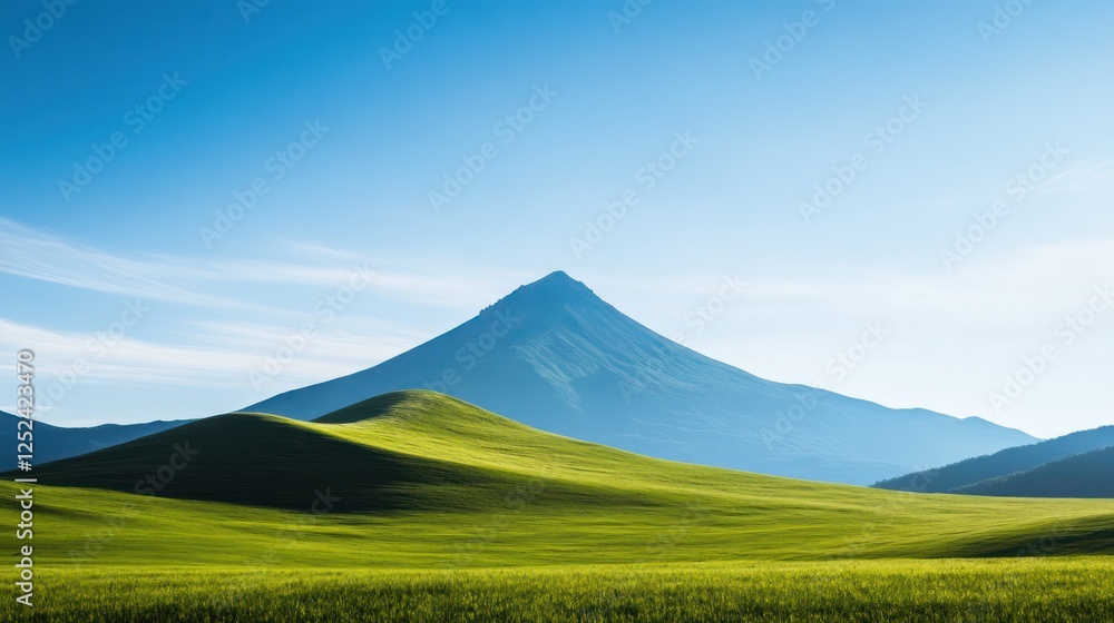 Fototapeta premium Majestic mountain peak, green hills, clear sky, sunrise. Landscape for travel brochure